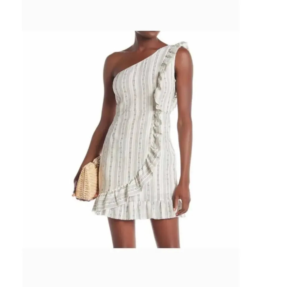 Linen Blend Sleeveless One Shoulder Mini Dress Ruffle Pinstripe Black‎ & white S